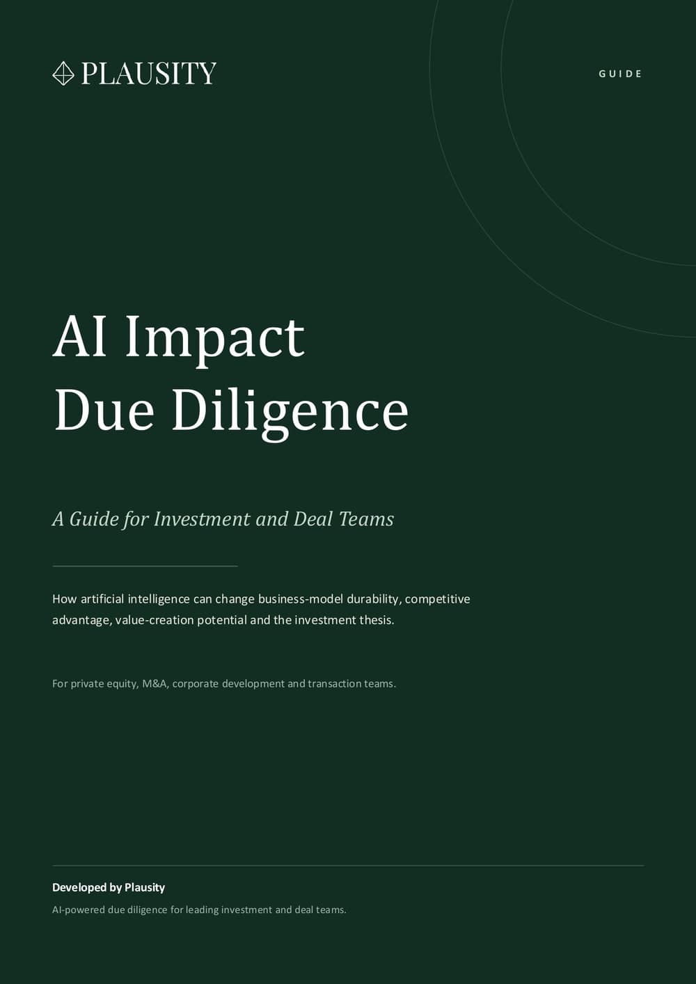 Titelseite des Plausity-Playbooks „AI Impact Due Diligence – ein Leitfaden für Investment- und Deal-Teams“.